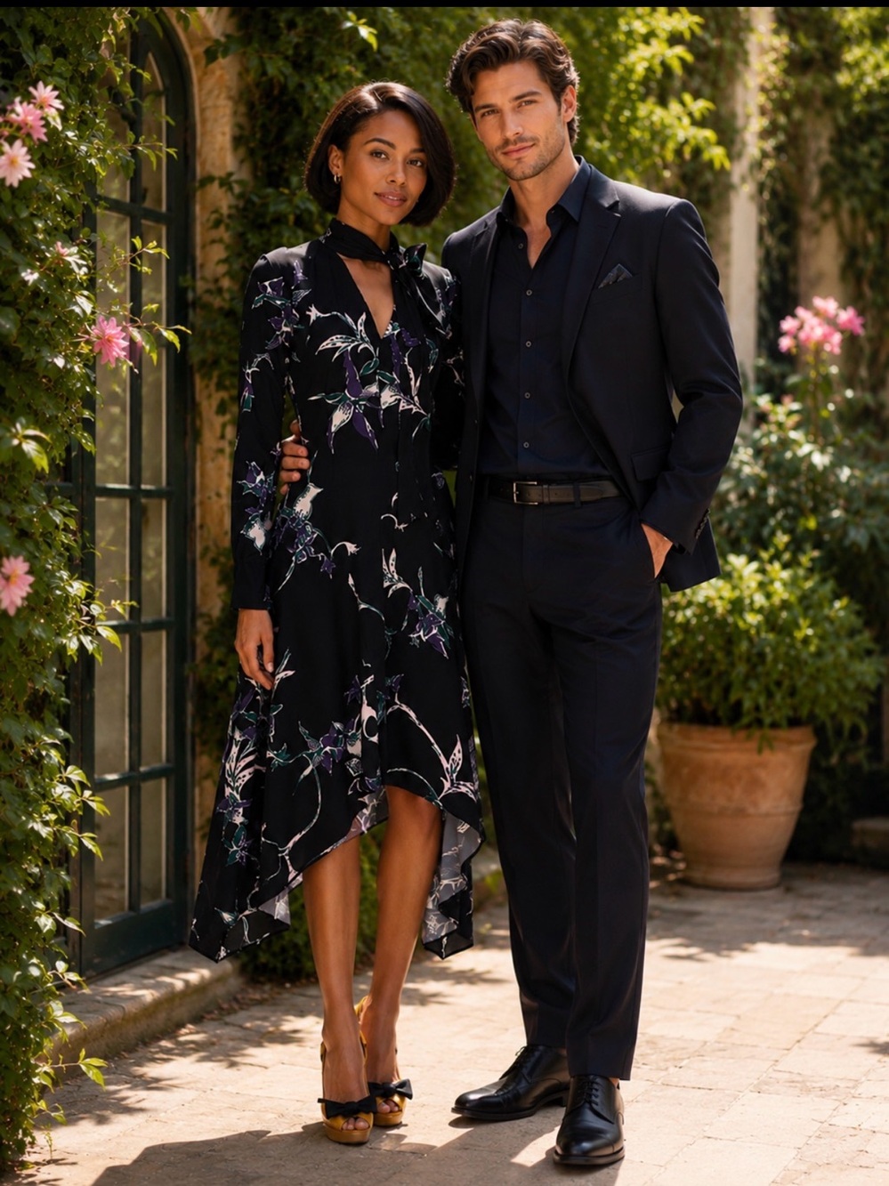 LA DoubleJ Black Floral Long-Sleeve Midi Dress with Purple & Green Print